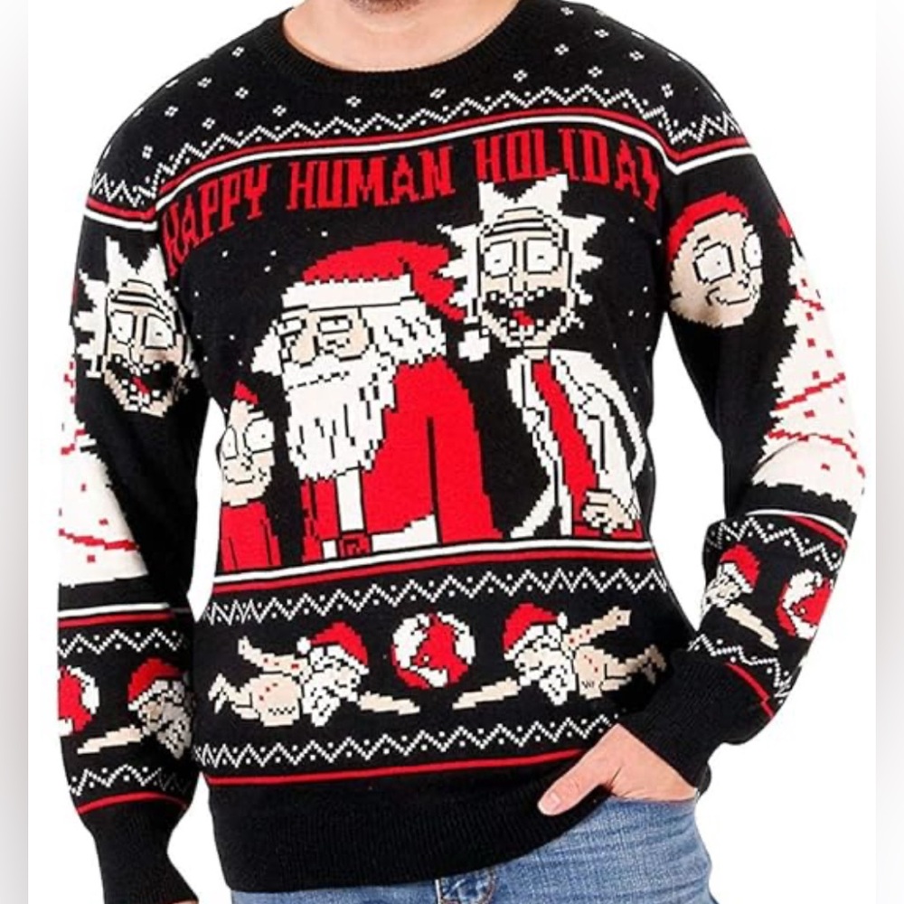 Rick & Morty Ugly Sweater Christmas Men’s Small Happy Human Holiday Santa Knit